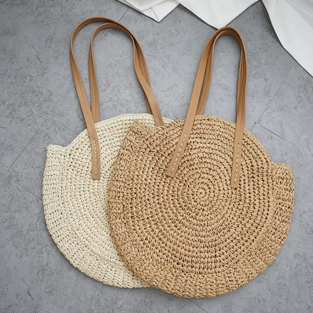 Okrągła Torebka Plażowa – Rattanowa, Pleciona, Boho