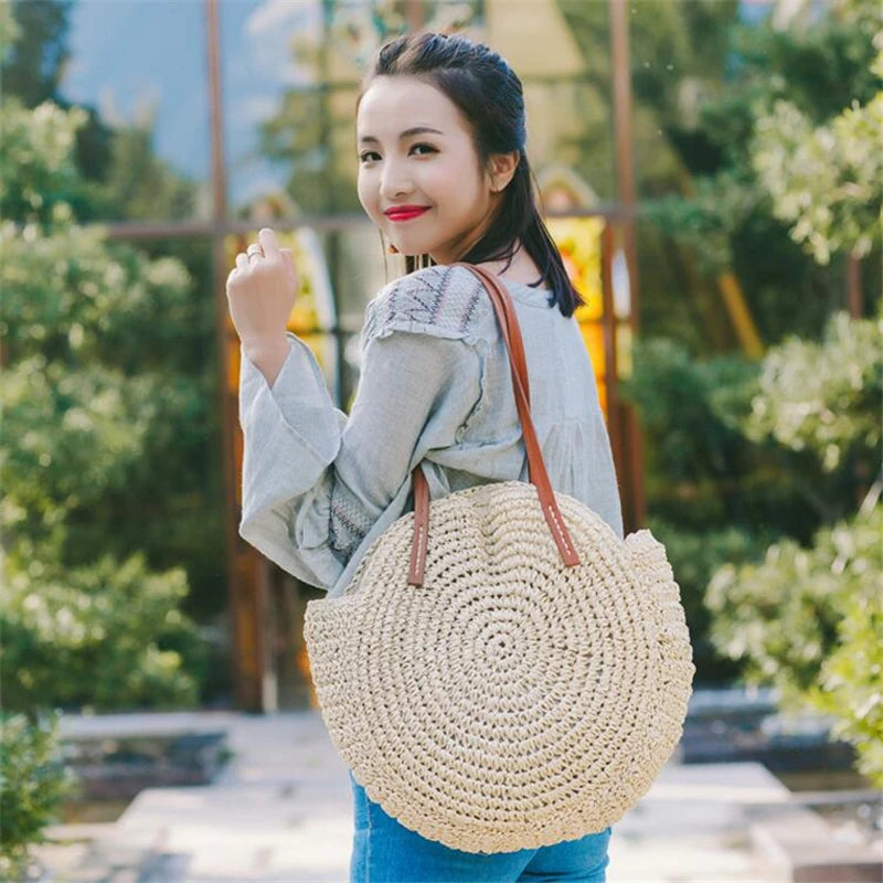 Okrągła Torebka Plażowa – Rattanowa, Pleciona, Boho