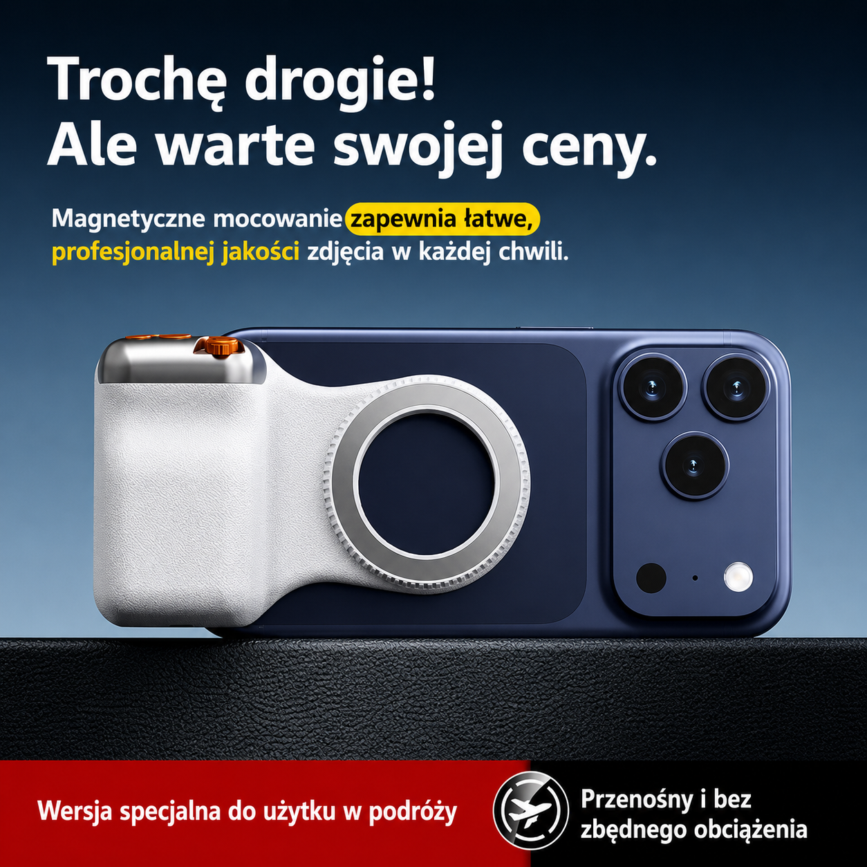 Magnetyczny uchwyt do telefonu w stylu DSLR – kompatybilny z iPhone i Android, ergonomiczny uchwyt, lekka konstrukcja
