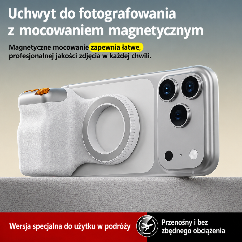 Magnetyczny uchwyt do telefonu w stylu DSLR – kompatybilny z iPhone i Android, ergonomiczny uchwyt, lekka konstrukcja