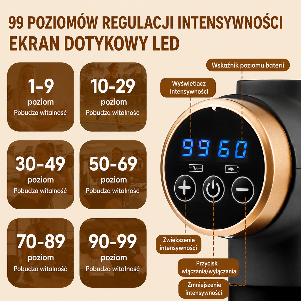 Elektryczny Pistolet Masujący 11w1 – 99 Poziomów Intensywności, Wibracje Wysokiej Częstotliwości, Masaż Mięśni Całego Ciała