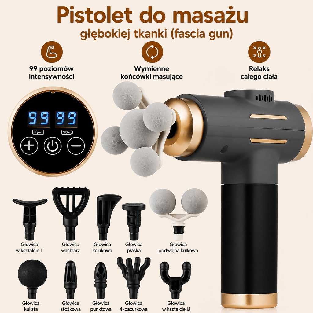 Elektryczny Pistolet Masujący 11w1 – 99 Poziomów Intensywności, Wibracje Wysokiej Częstotliwości, Masaż Mięśni Całego Ciała