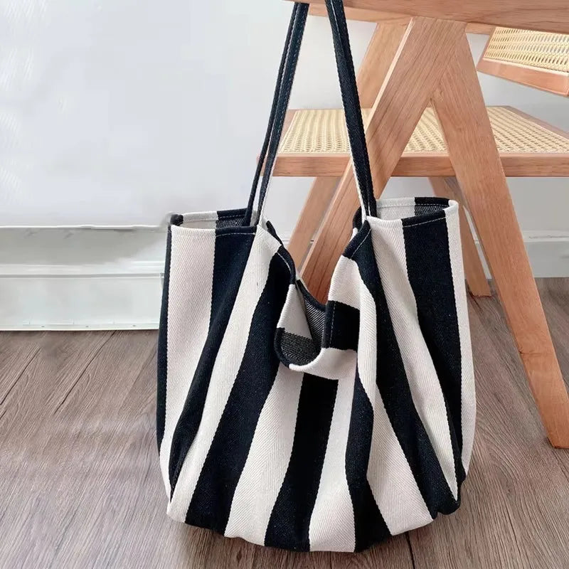 Torba Płócienna Shopper w Paski 🛍️✨ Yogodlns | Duża Pojemność