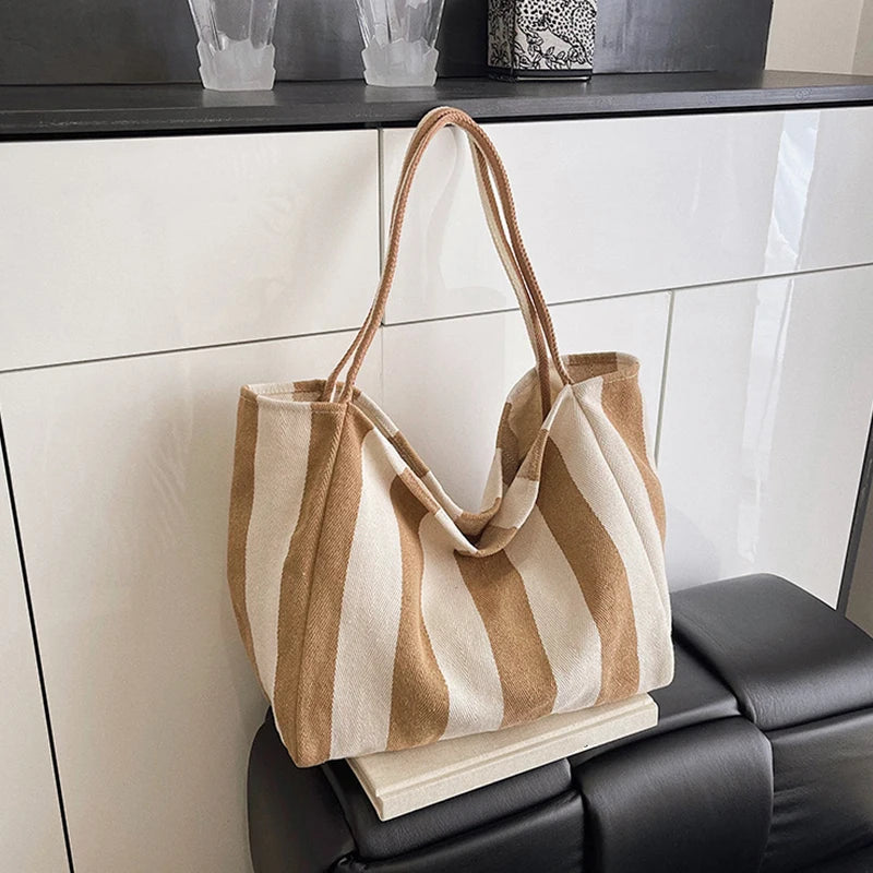 Torba Płócienna Shopper w Paski 🛍️✨ Yogodlns | Duża Pojemność