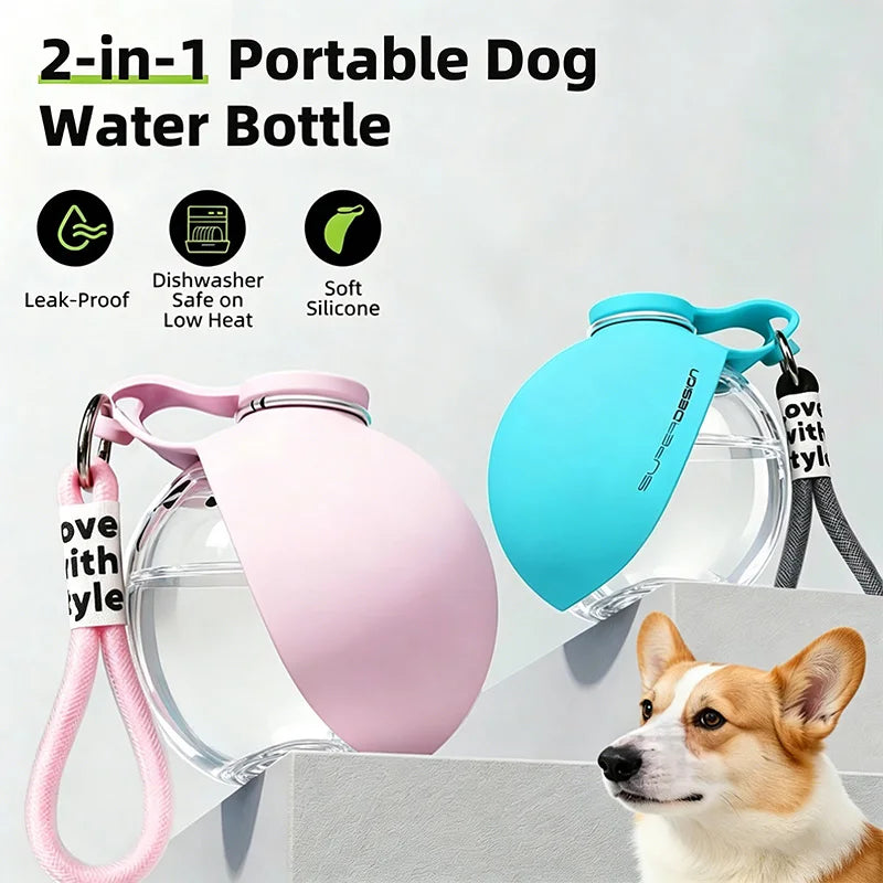 2-in-1 Portable Dog Water Bottle for Small Dogs - Leak-Proof & Compact Dog Travel Water Bottle -Plastic Bottle & Silicon