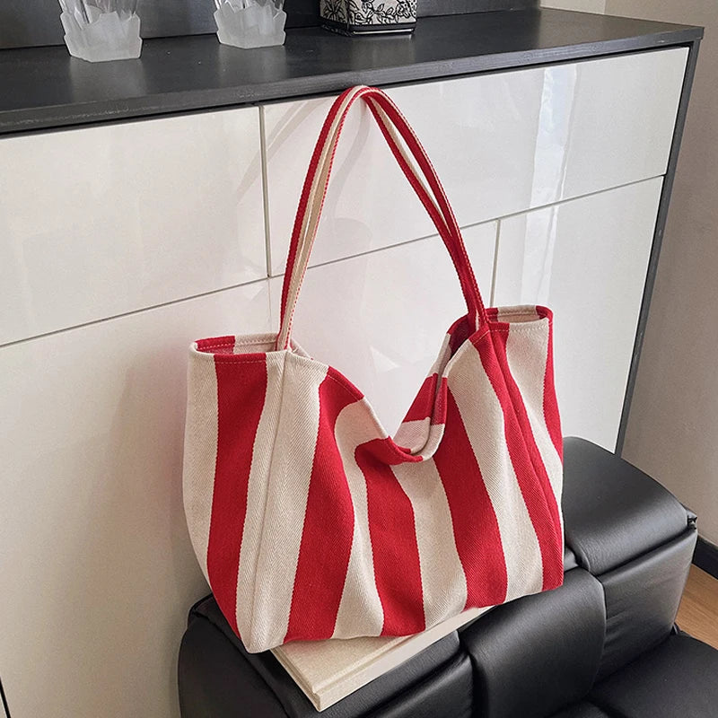 Torba Płócienna Shopper w Paski 🛍️✨ Yogodlns | Duża Pojemność