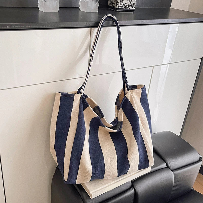 Torba Płócienna Shopper w Paski 🛍️✨ Yogodlns | Duża Pojemność