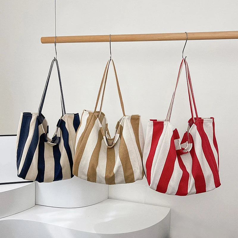 Torba Płócienna Shopper w Paski 🛍️✨ Yogodlns | Duża Pojemność