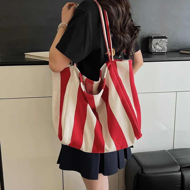 Torba Płócienna Shopper w Paski 🛍️✨ Yogodlns | Duża Pojemność