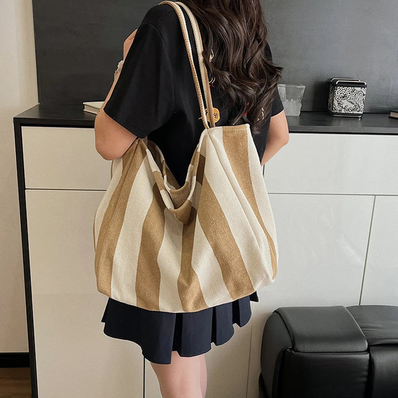 Torba Płócienna Shopper w Paski 🛍️✨ Yogodlns | Duża Pojemność