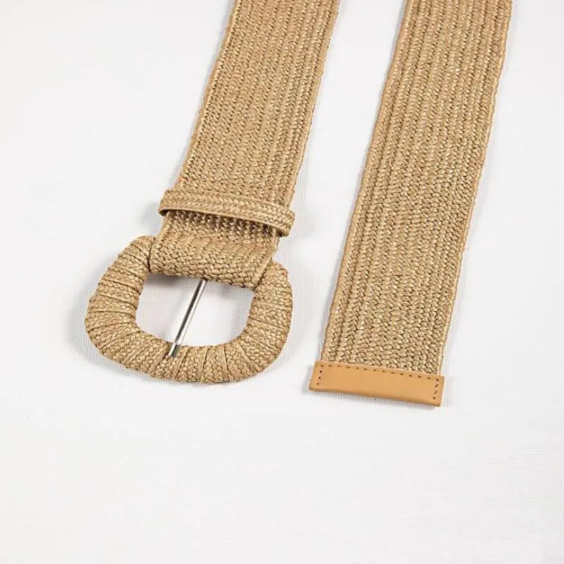 Retro pleciony szeroki pasek damski z klamrą – letnia moda boho, słomkowy wzór